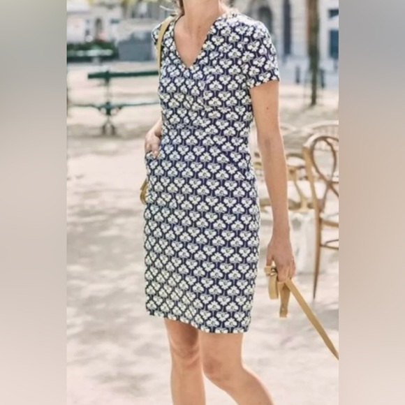 Boden Dana Chino French Navy V-Neck Dress Size 14 L Shift Floral - Picture 1 of 4